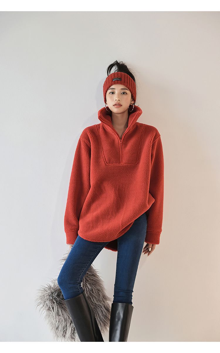 Winter Fleece-lined Zipped Stand Collar Coat Casual Loose-fitting Women's Sweater
