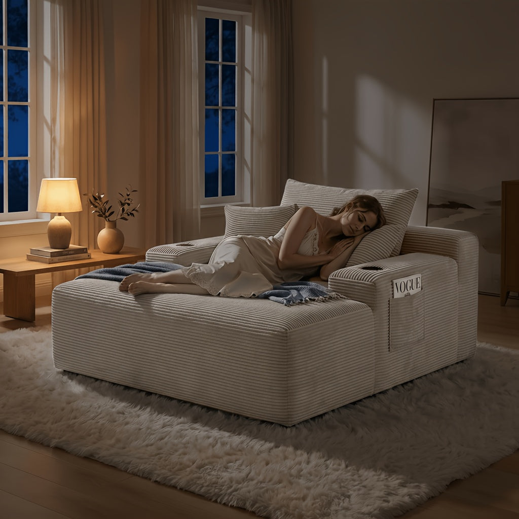 Extra-Large Convertible Chaise Lounge Sofa with High-Rebound Foldable Recliner, Pocket Spring System, High-Density Foam Padding, Cup Holder and Side Pockets