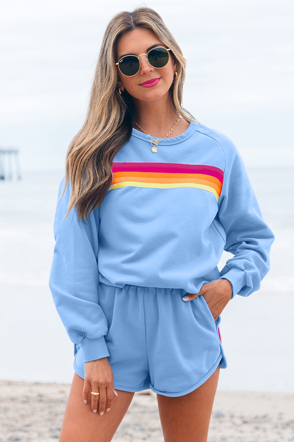 Beau Blue Accent Pullover und Shorts, zweiteiliges Freizeitset