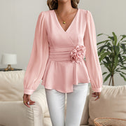 Waist-tight V-neck Three-dimensional Flower Blouse