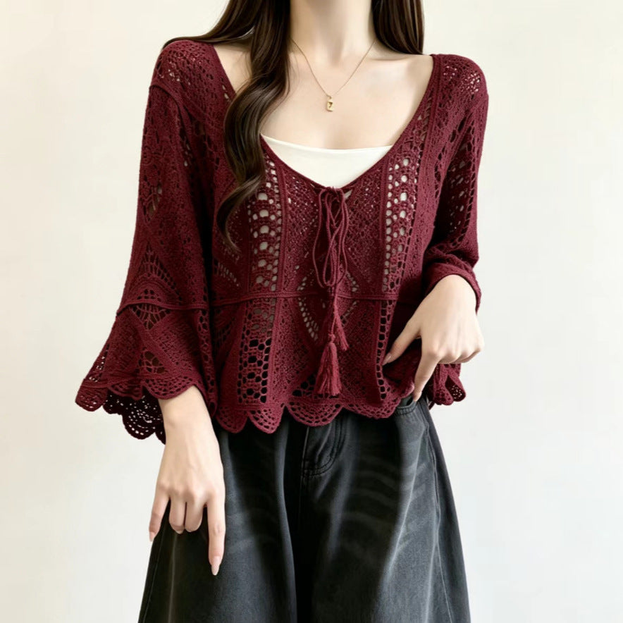 Bohemian Resort-style Crochet Hollow-out Knit Top Womens Solid-color Blouse