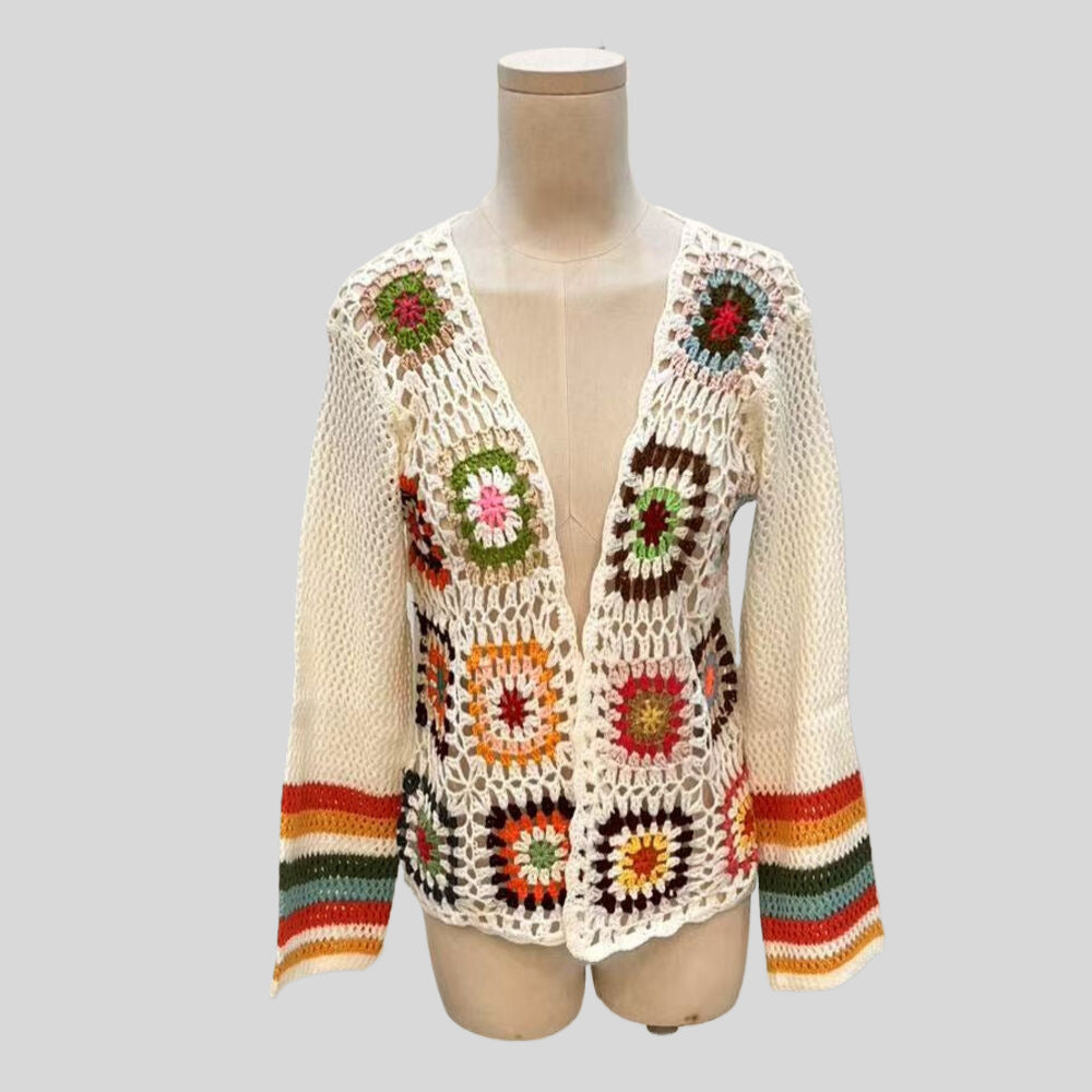 Hand-crocheted Floral Sweater with Random Color Blocks