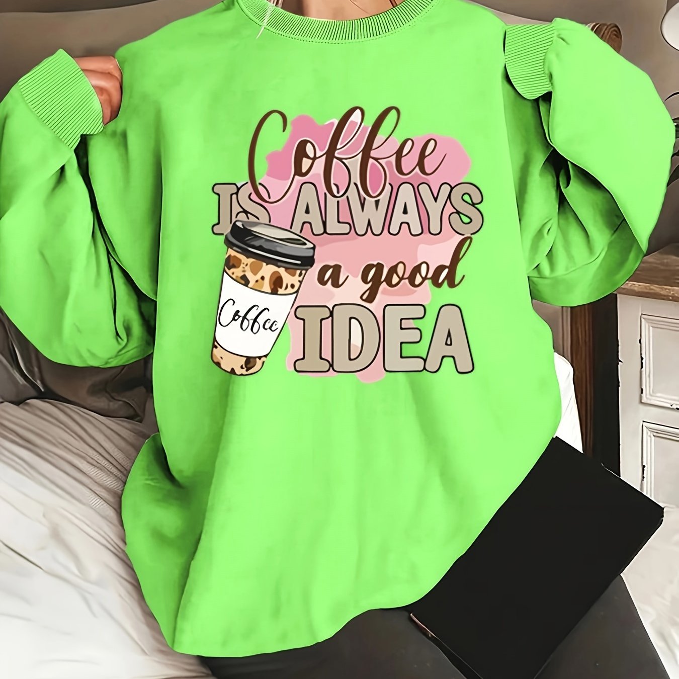 Plus Size Women's Coffee Cup Print Round Neck Sweatshirt