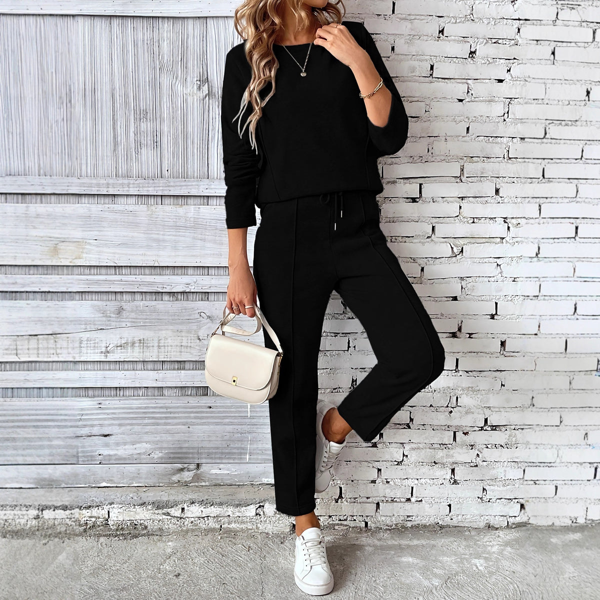 Round-neck Fashionable Top Hoodie Pocket Casual Straight-leg Pants Women's Clothing