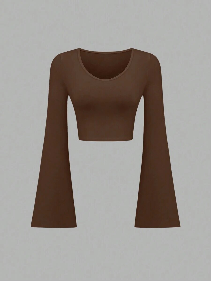 Slim-Fit Scoop Neck Bell Sleeve Crop Top