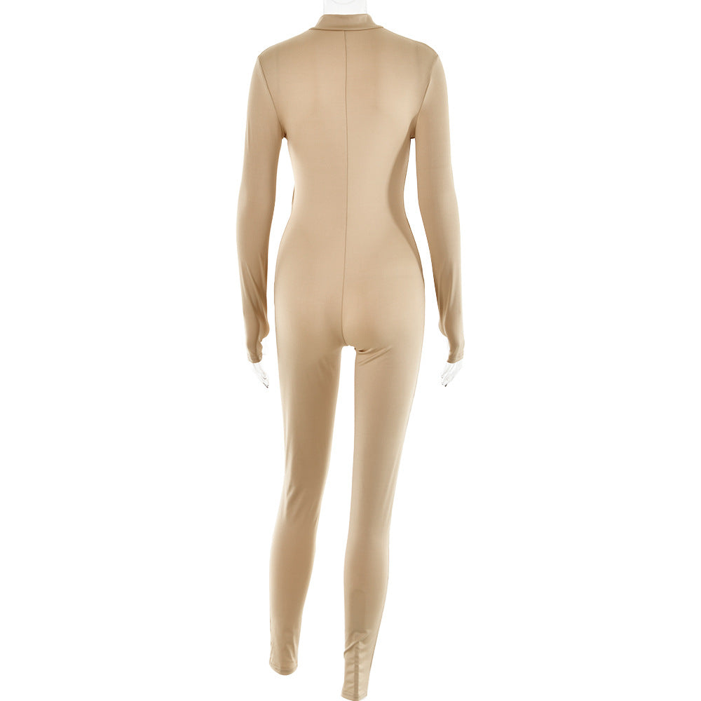 Women's Long-Sleeve Zip-Up High-Waist Jumpsuit
