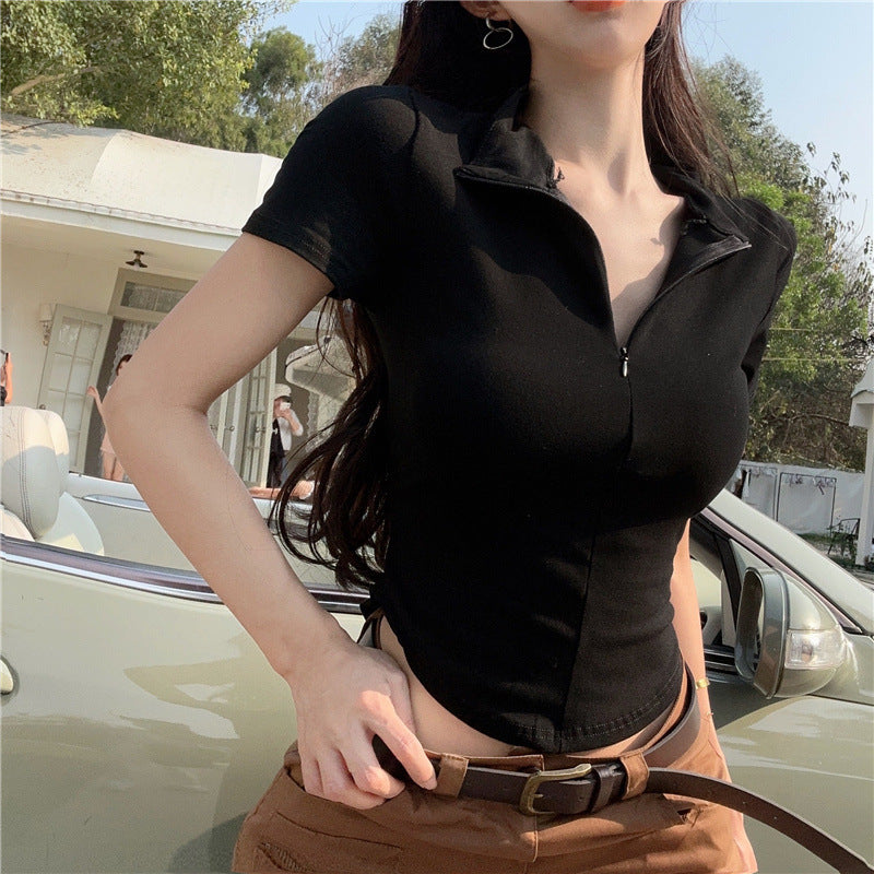 Slim Fit Zipper Waist Cincher T-Shirt – Elegant Short Sleeve