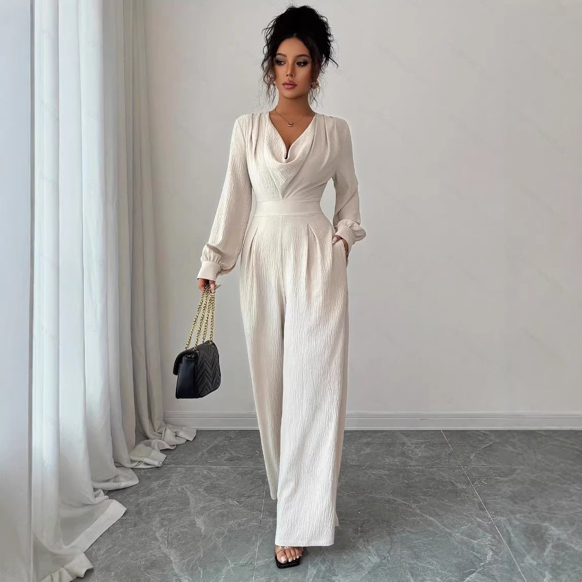 Elegant Off-the-Shoulder Long-Sleeve Jumpsuit