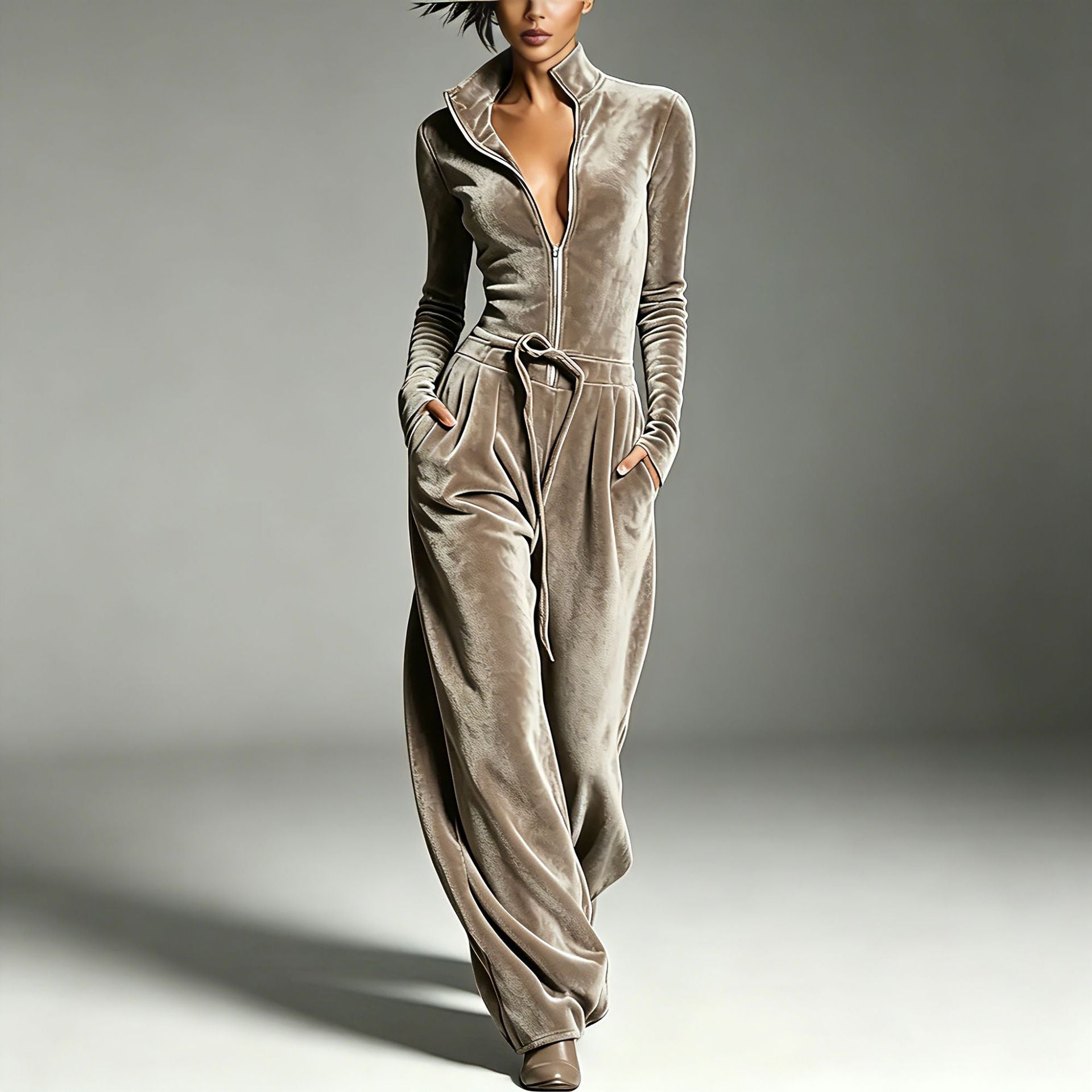 Stand-collar Zip-up Deep-V Velvet Jumpsuit
