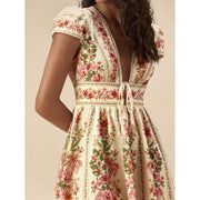 Bohemian-style Vacation Casual V-neck Lace-up Floral Slimming Dress for Women