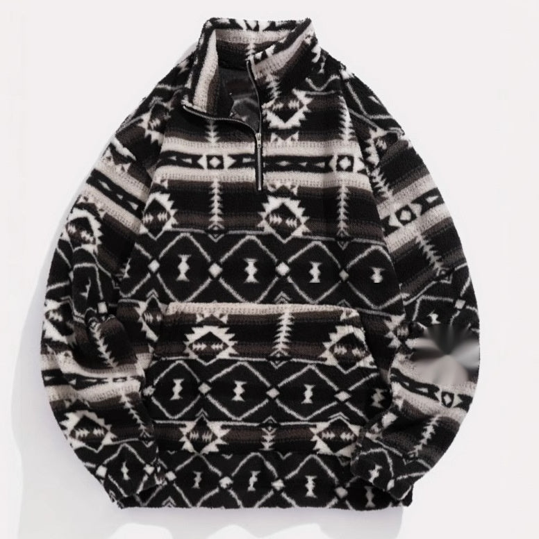 Cozy Ethnic Print Fleece Sweater for Women