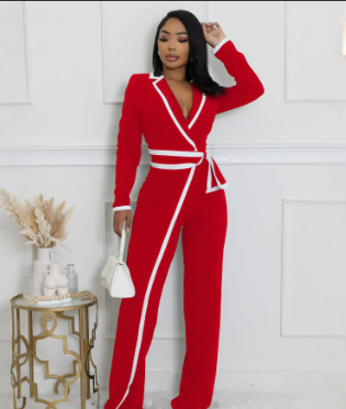 Fashion Belt Design Dual-color Patchwork Long Sleeve Jumpsuit