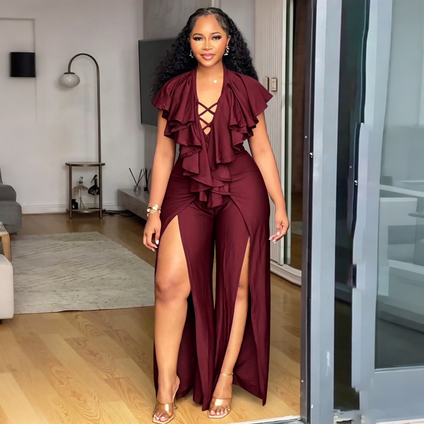 Elegant Ruffle Wide-Leg Plus Size Jumpsuit