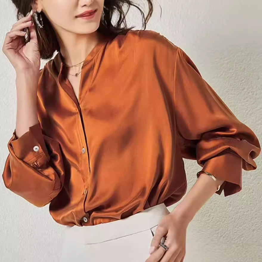 French Simplicity Loose And Lazy Style Silk Shirt For Women Autumn