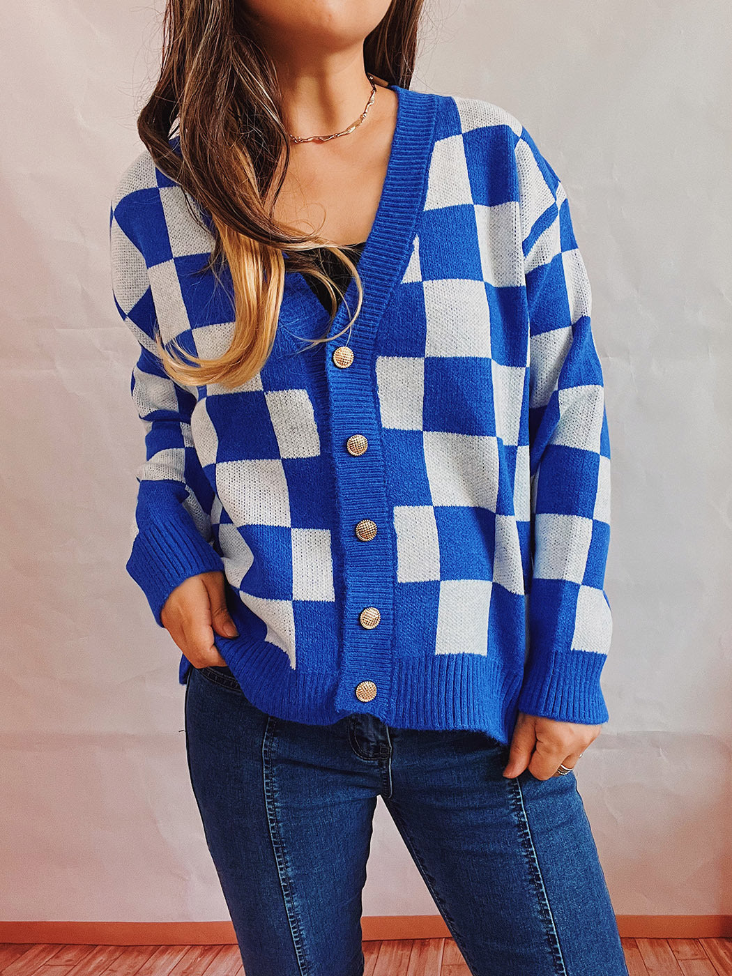 Asian Contrast Color Chessboard Plaid Autumn and Winter Women's Sweater