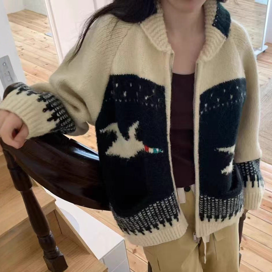Jacquard Soft and Sticky Long-sleeve Knitted Cardigan Sweater for Women, Slimming