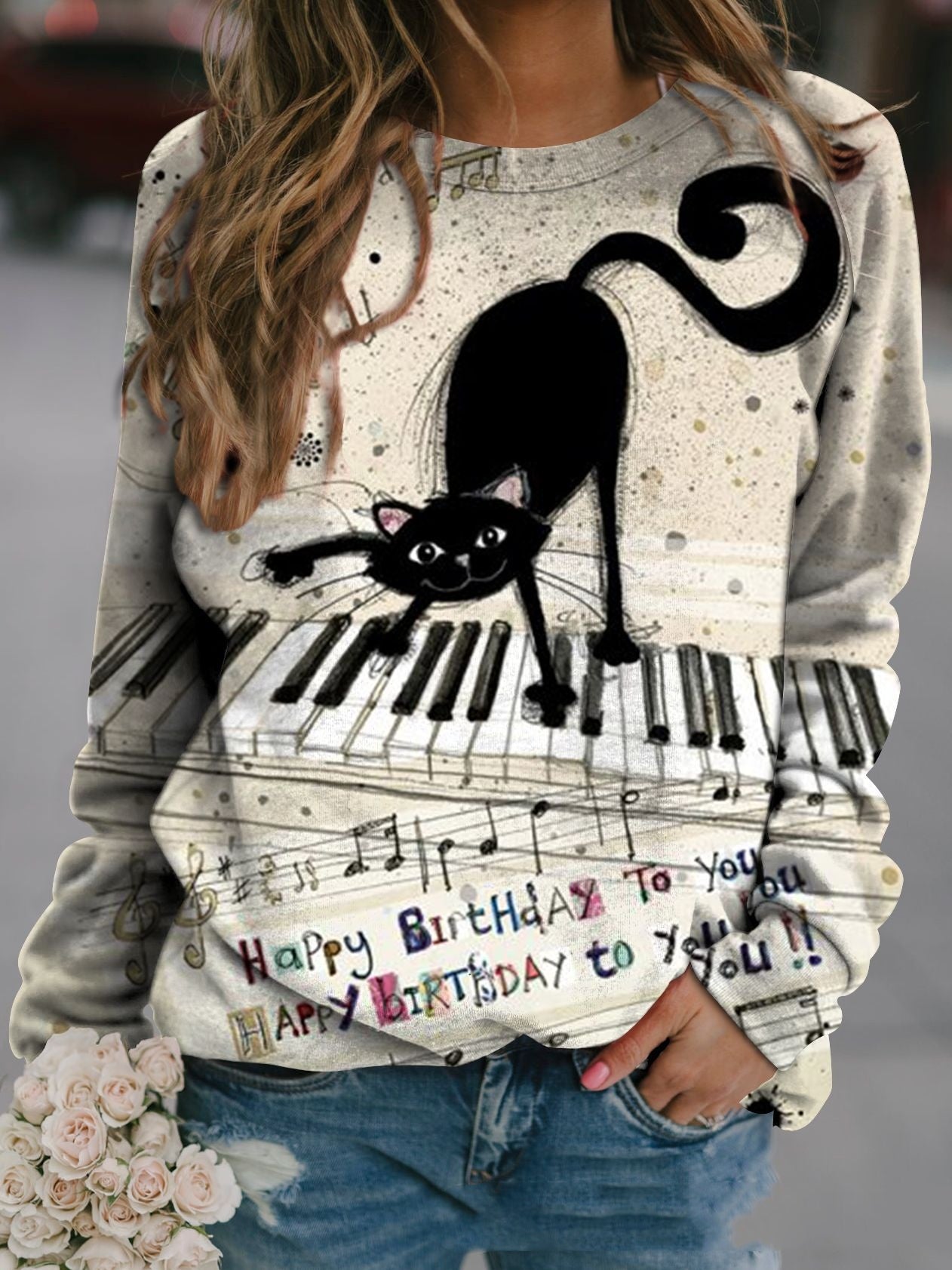 Cute Animal Print Raglan Long-Sleeve Sweatshirt