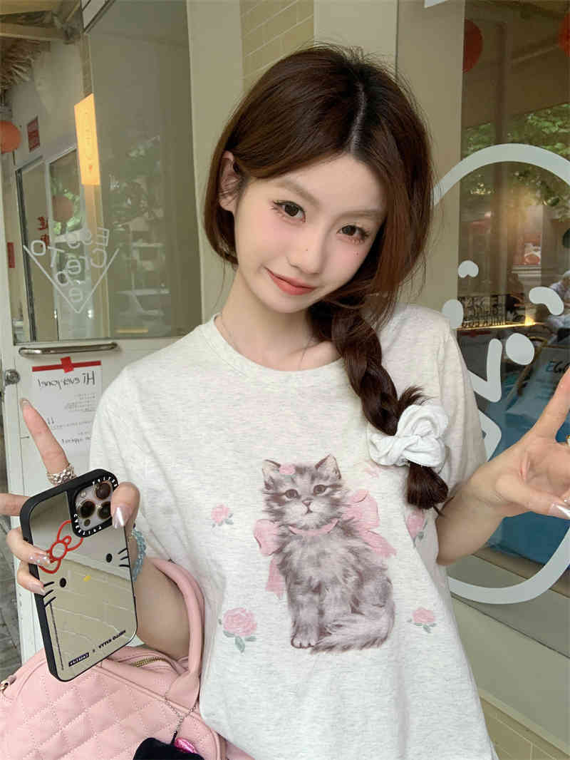 Cat Printing Short-sleeved T-shirt For Women Round Neck Loose Top