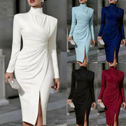 Turtleneck Pleated Long-sleeve Slim-fit Sheath Dress