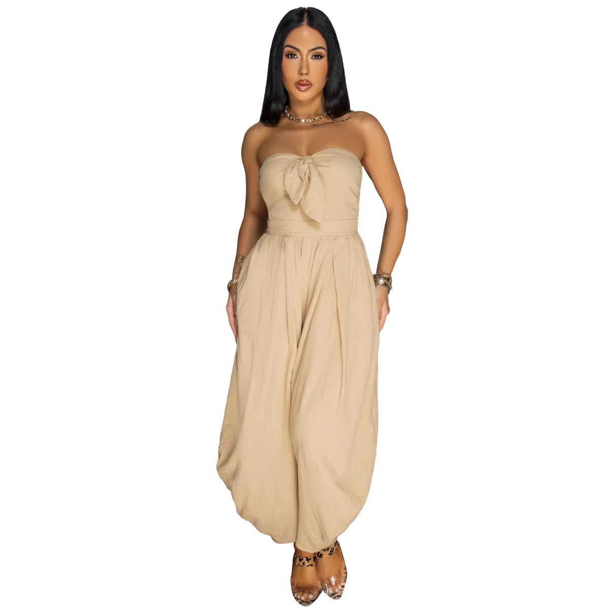 Women's Solid Chest Wrap Casual Loose Jumpsuit