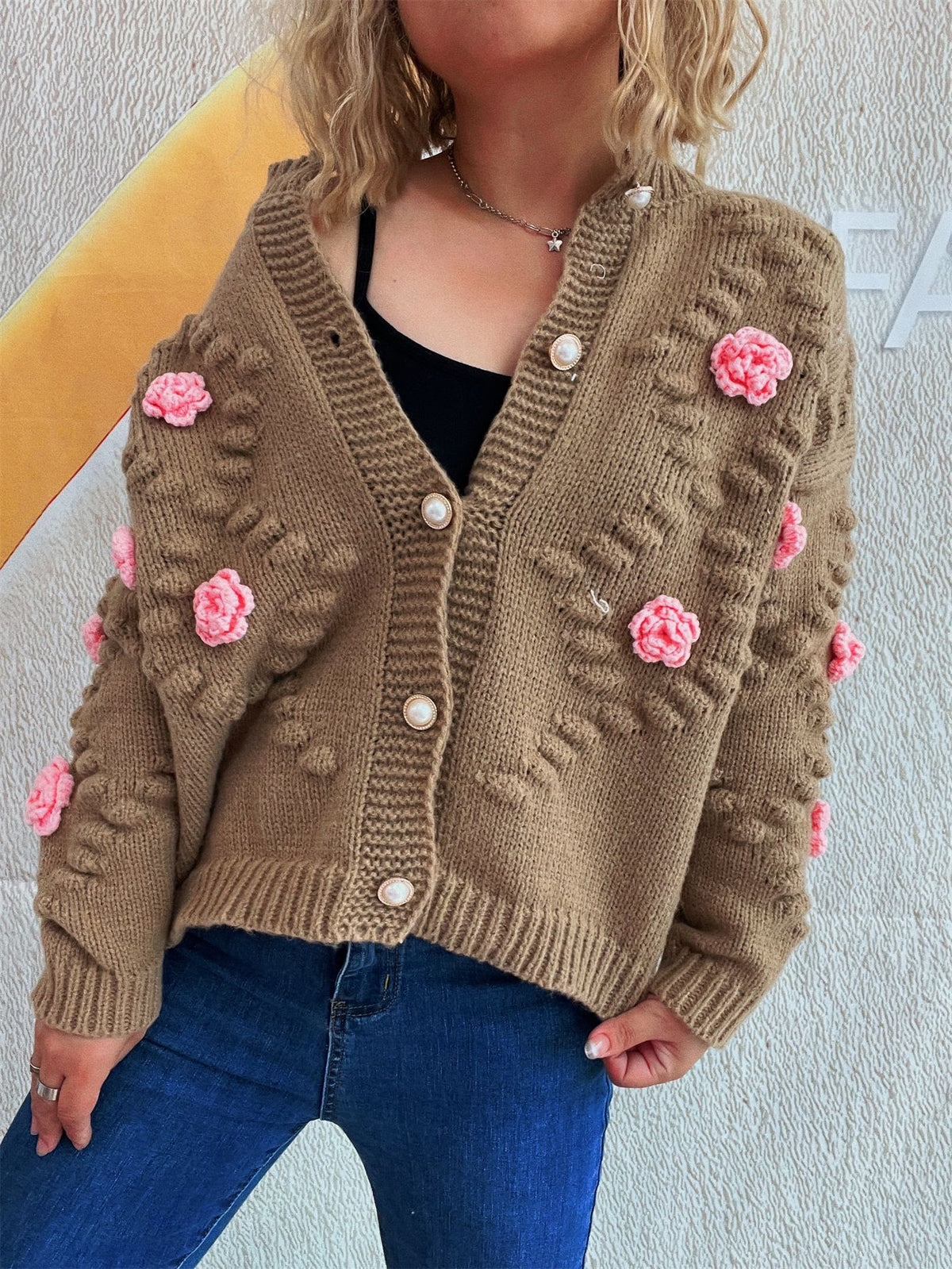 Cute Three-dimensional Flower Decorative Knitted Cardigan Round Neck Sweater