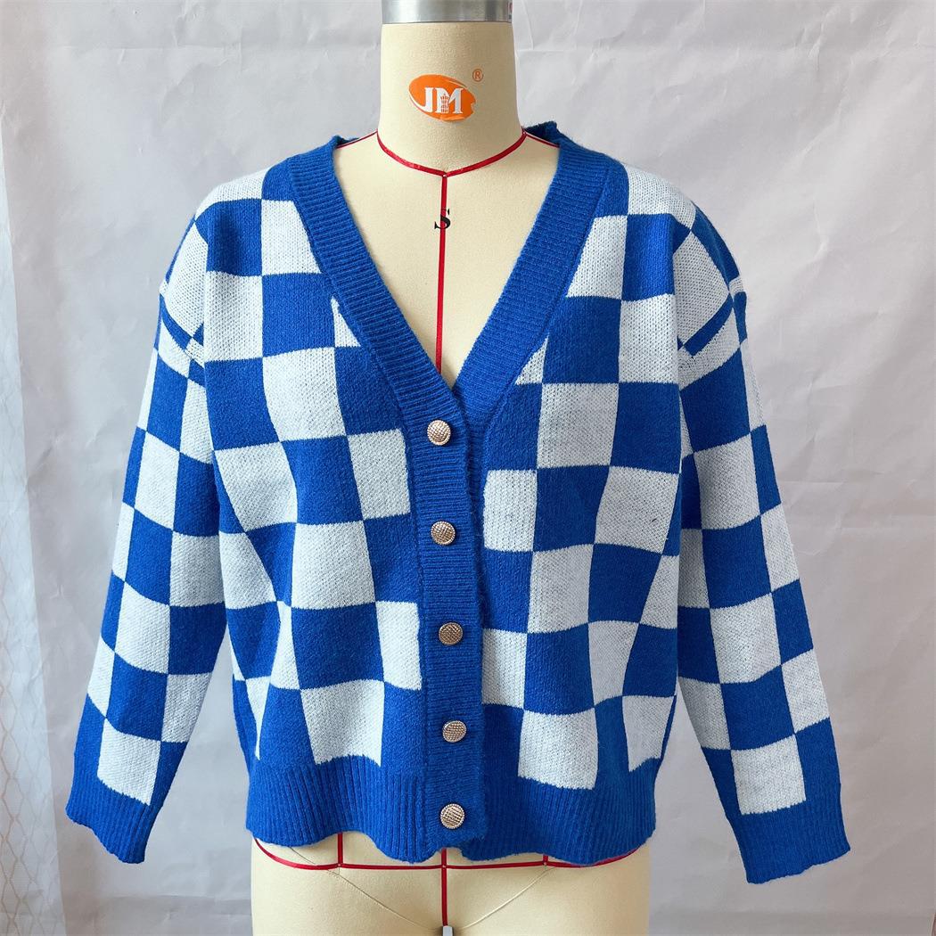 Asian Contrast Color Chessboard Plaid Autumn and Winter Women's Sweater