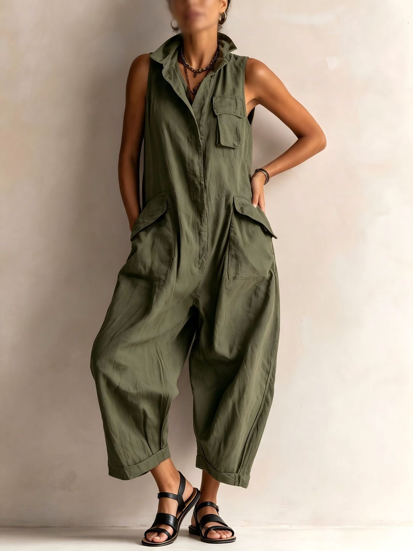 Casual Cotton Multi-Pocket Wide-Leg Jumpsuit