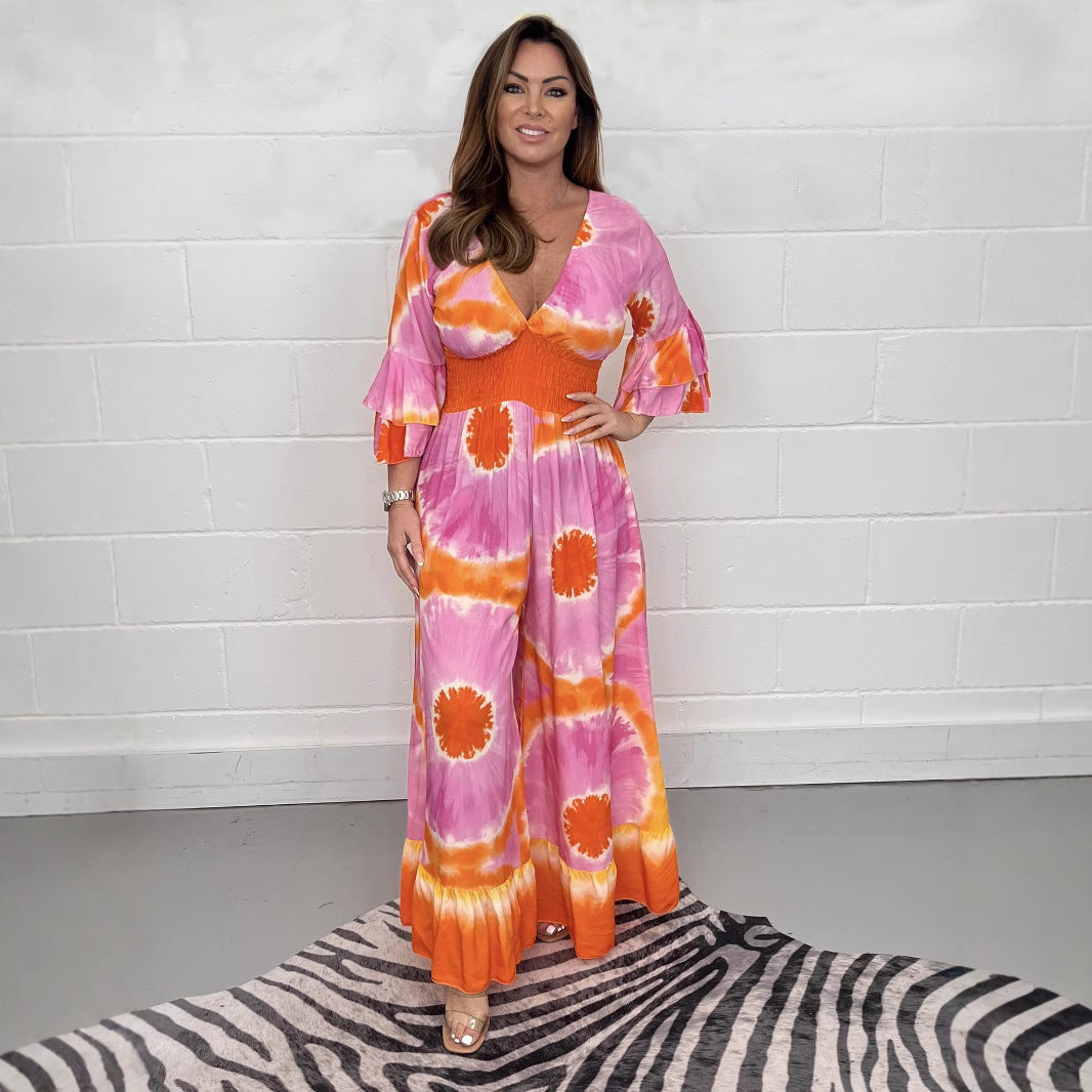 Plus Size Tie-Dye Bell-Sleeve Wide-Leg Jumpsuit