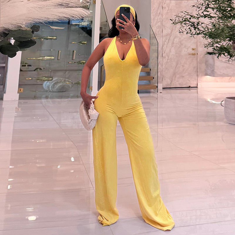Casual Sporty Fauxwatereffect Openback Flared Jumpsuit