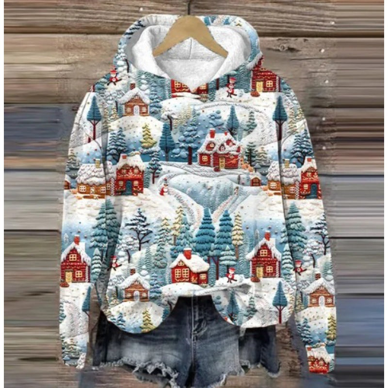 Festive Christmas Holiday Casual Printed Hoodie Sweater