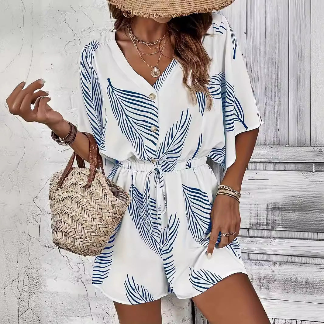 Floral V-Neck Lace-Up Wide Leg Jumpsuit