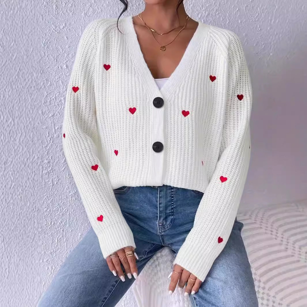 Heart-themed Embroidered Knit Single-breasted V-neck Sweater Coat