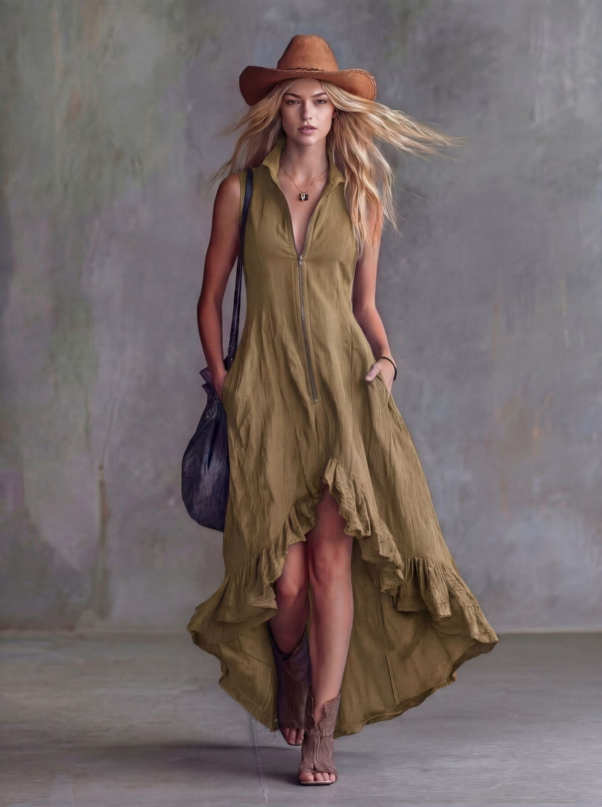 Vintage Zip Lapel Ruffle Hem Dress