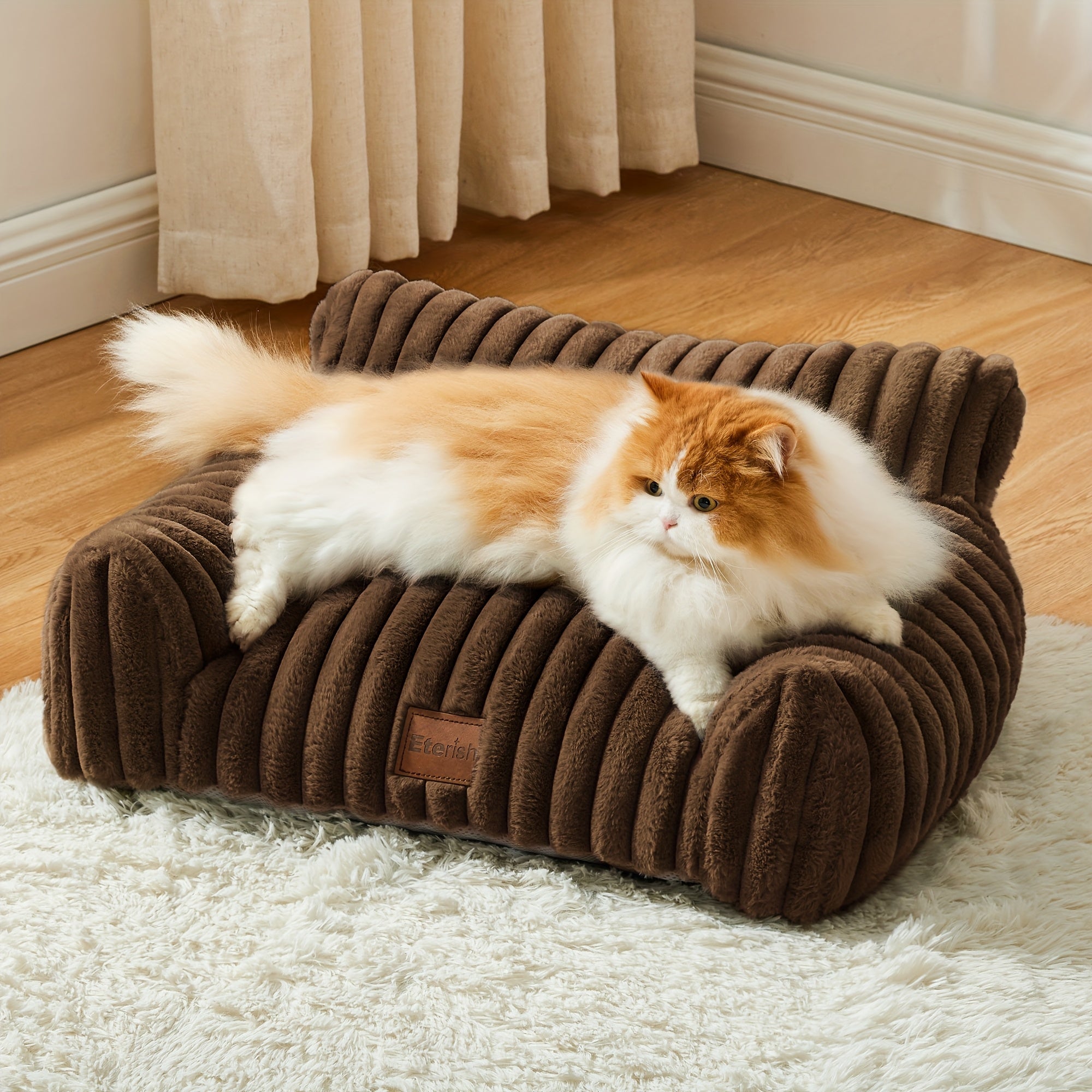 Cute Cat Couch, Fluffy Cat Sofa With Soft Corduroy Fleece, Fuzzy Pet Couch With Removable Washable Cover, Supportive Pet Sofa With Non-slip Bottom Dog Sofa Bed