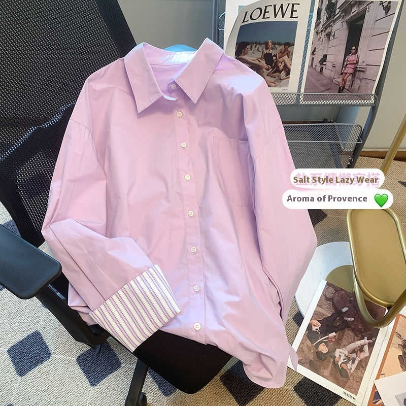 Purple Striped Polo Collar Shirt Women's Long-sleeved Top