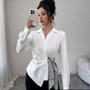 Elegant White Silk-Feel Waist-Cinching Blouse – Tied Front, Long Sleeve