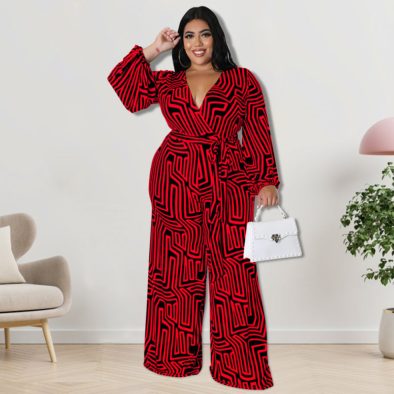 Elegant Long-Sleeve Straight-Leg Plus Size Jumpsuit