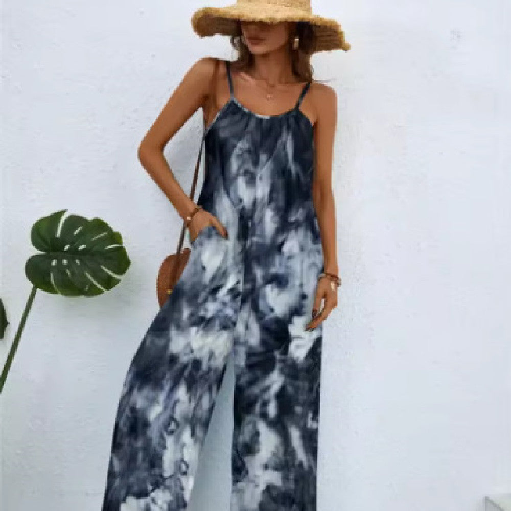 Women's Printed Loose Suspender Jumpsuit Romper