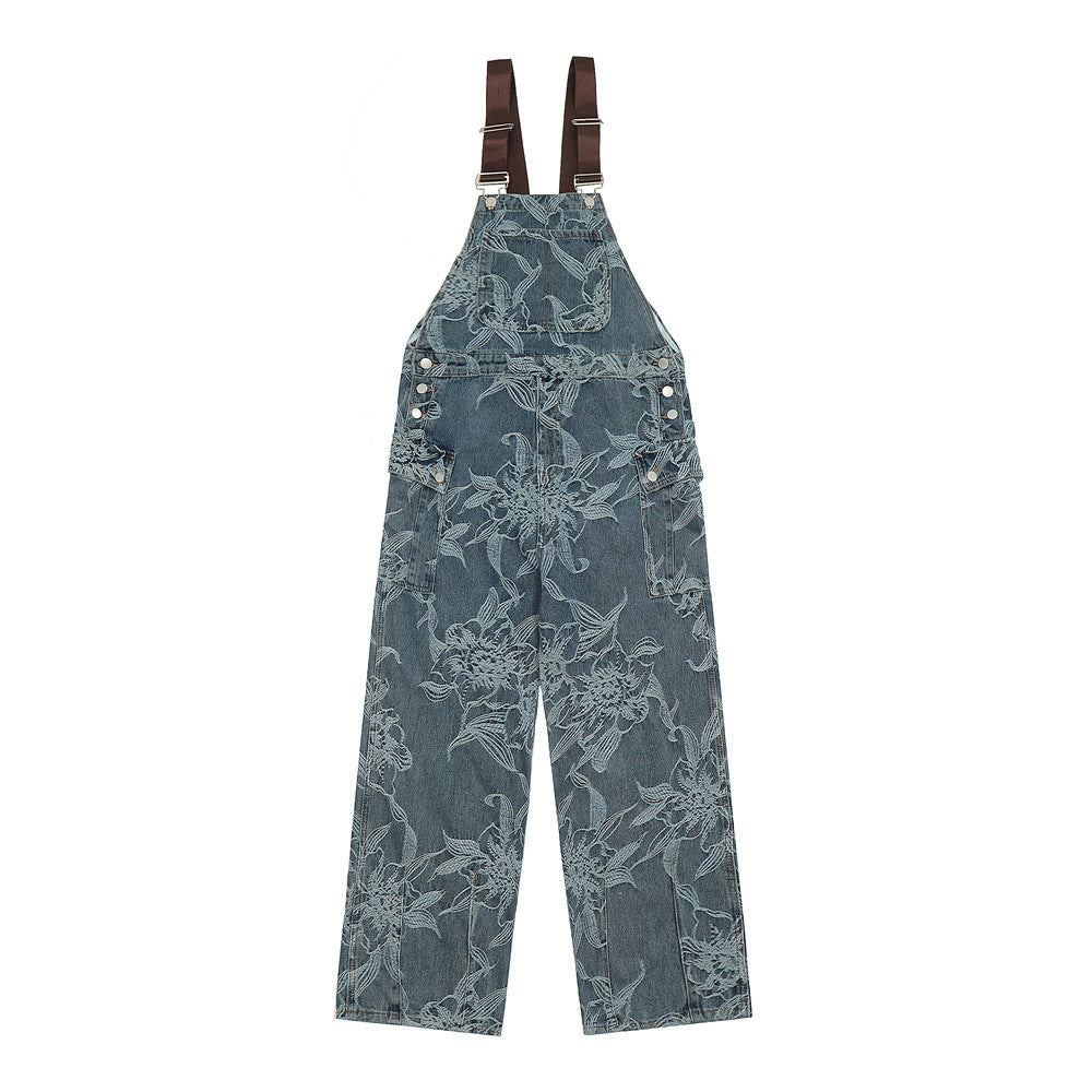 Men's Flower Jacquard Denim Suspender Overalls
