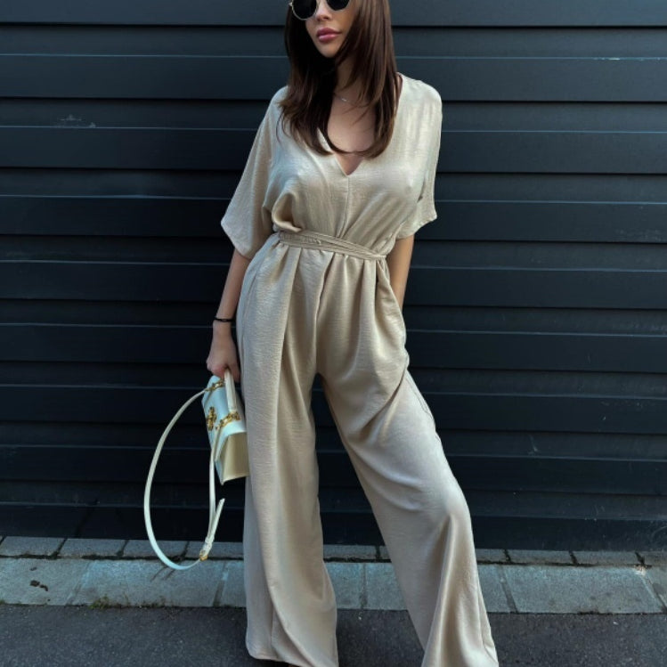 Chic V-Neck Wide-Leg Jumpsuit with Waist Tie