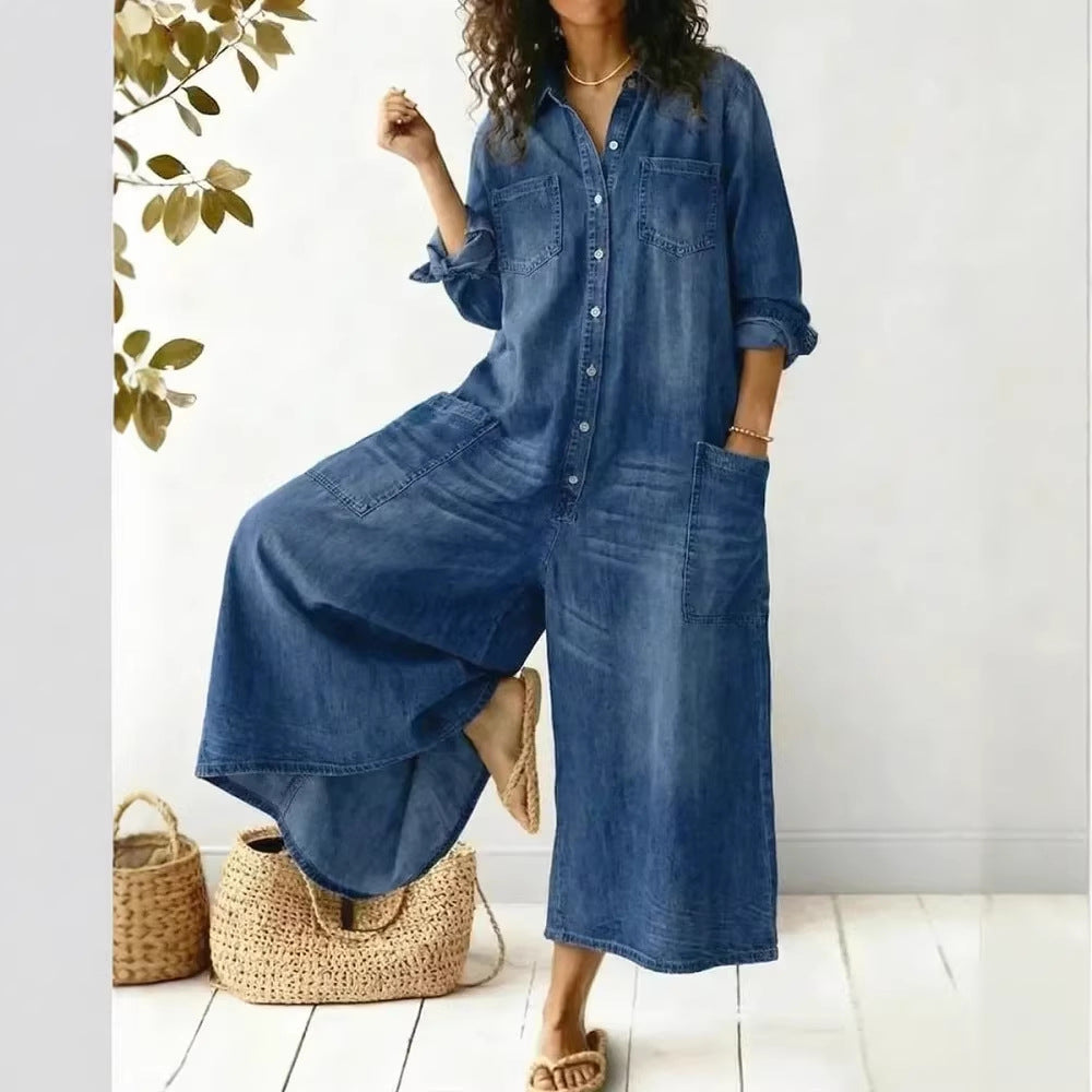 Women's Casual Denim Shirt Jumpsuit with Pockets