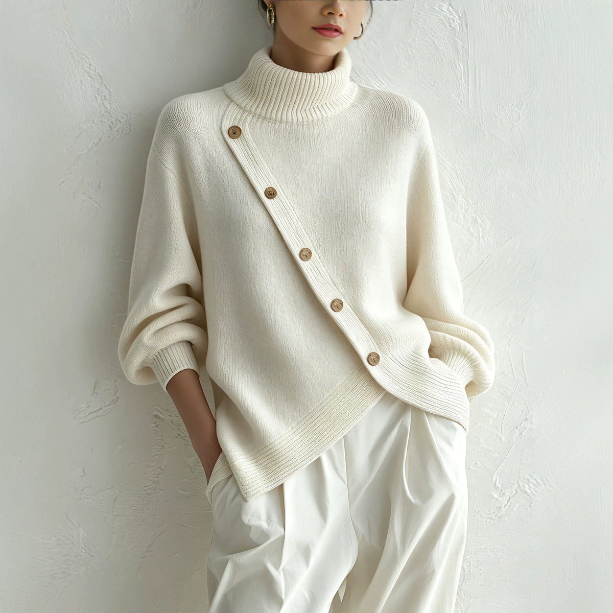 Womens Turtleneck Laid-back Style Sweater with a Slit Knitted Bottoming Piece