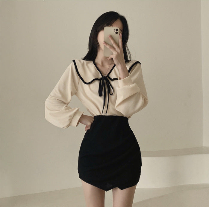 Loose Slimming Lapel Versatile Lace-up Women's Shirt