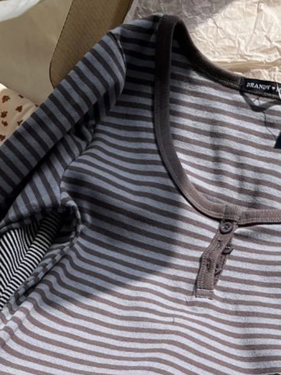 Sweet Striped Long Sleeve Cotton Women's Top