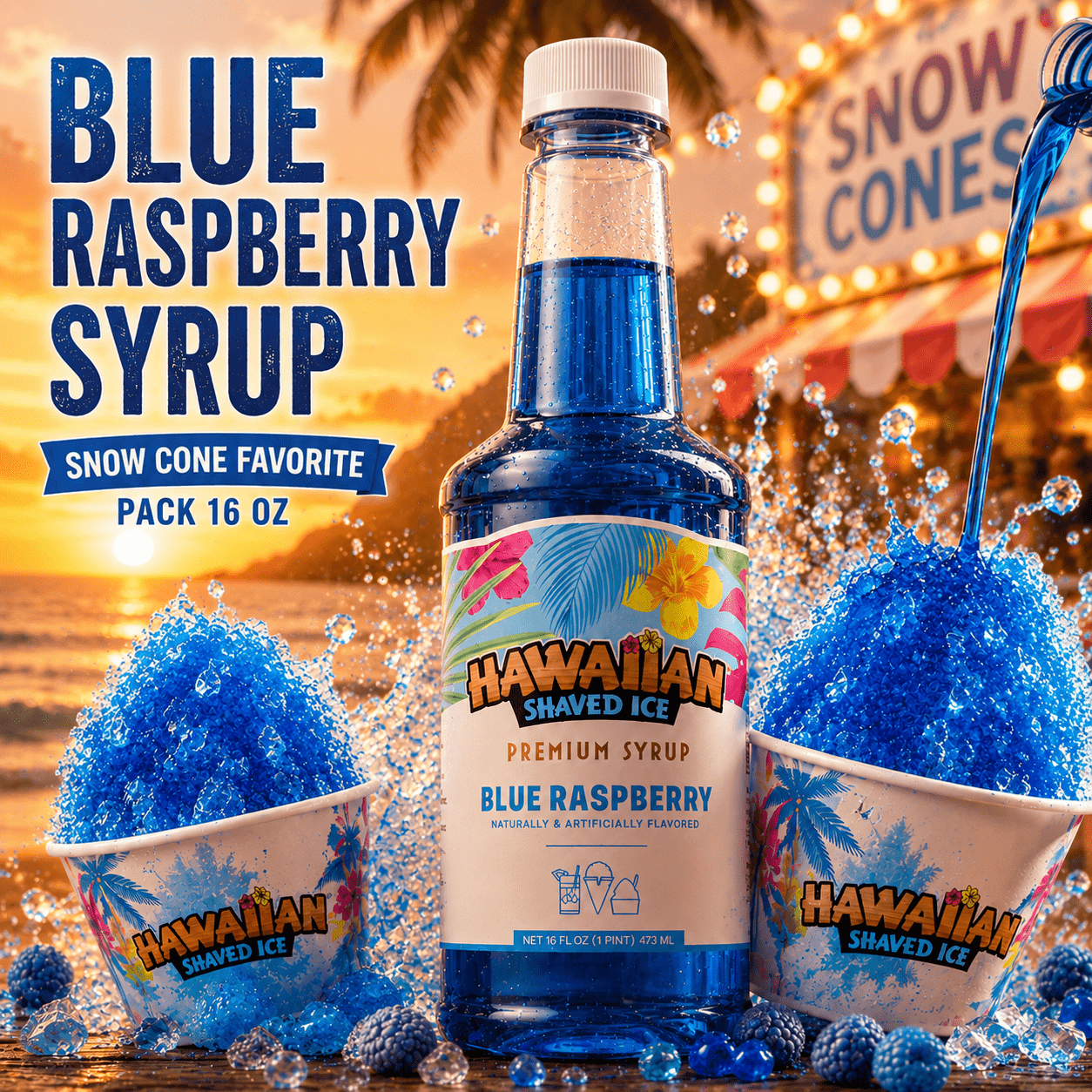 Blue Raspberry Syrup for Snow Cones and Frozen Drinks, 16 oz