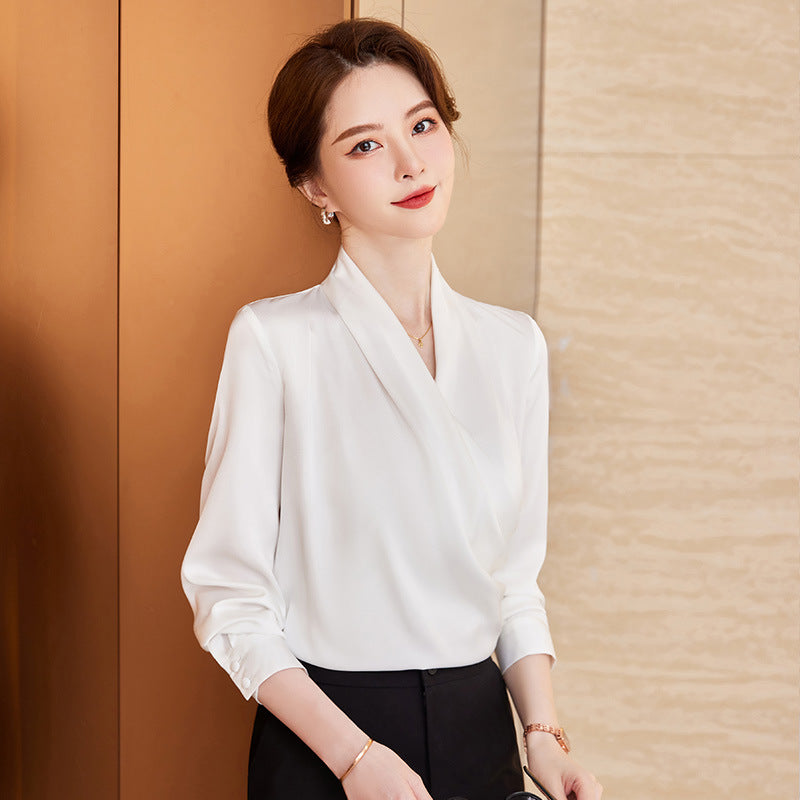 Long Sleeve V-neck New Acetate All-matching Pullover Business Wear Bottoming Shirt For Women