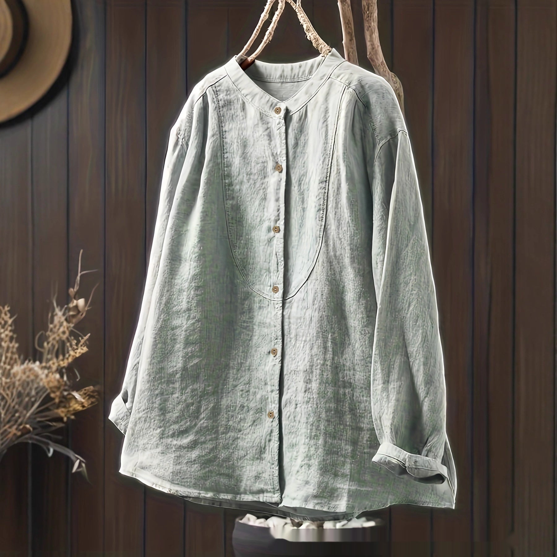 Retro Artistic Loose-fit Stand-collar Single-breasted Cardigan Shirt Relaxed Fit