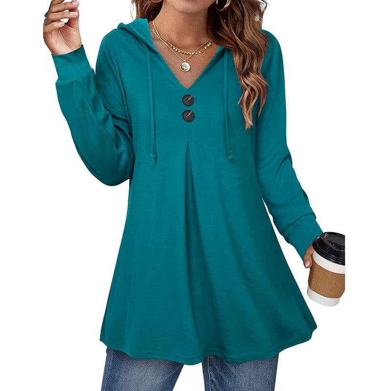 Women's V-Neck Long Sleeve Casual Hooded Pullover Sweater