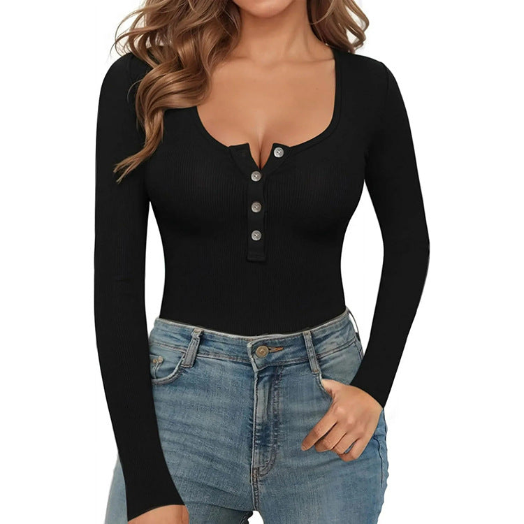 Women's Ribbed Long-Sleeve Buttoned Slim Fit Jumpsuit