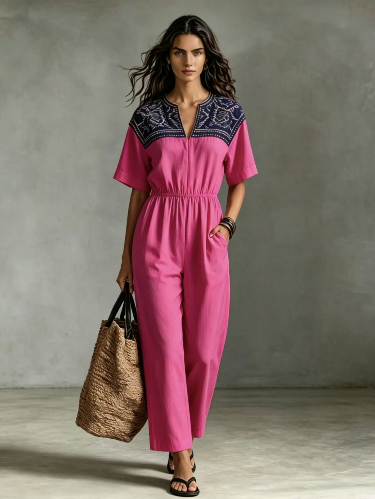Retro Print V-Neck Short-Sleeve Casual Jumpsuit